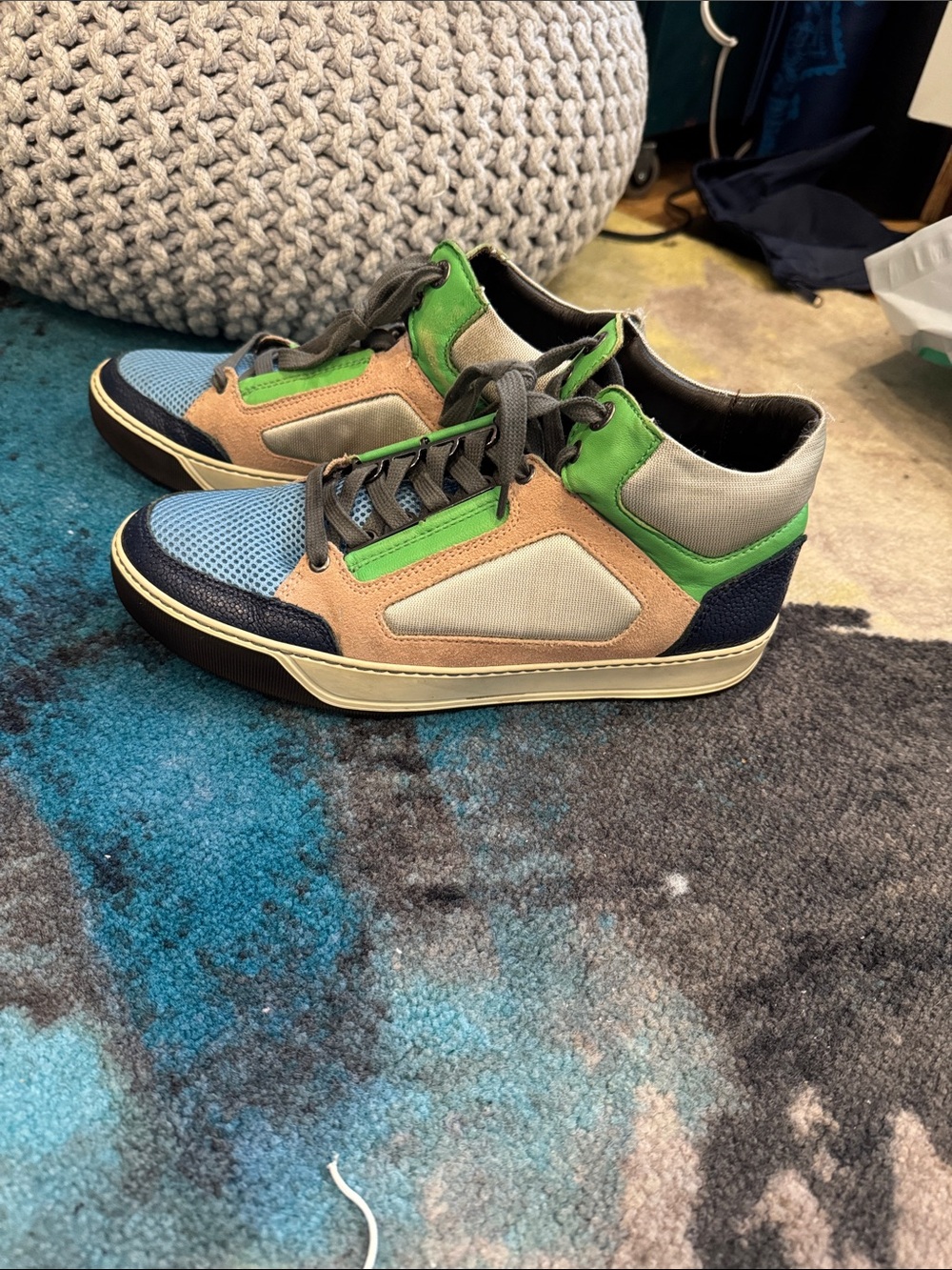Lanvin Green, Blue & Tan High-Top Sneakers